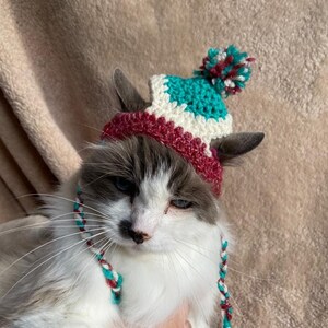 Crocheted Cat Beanie: Festive Green, Red, and White Pom Pom Hat