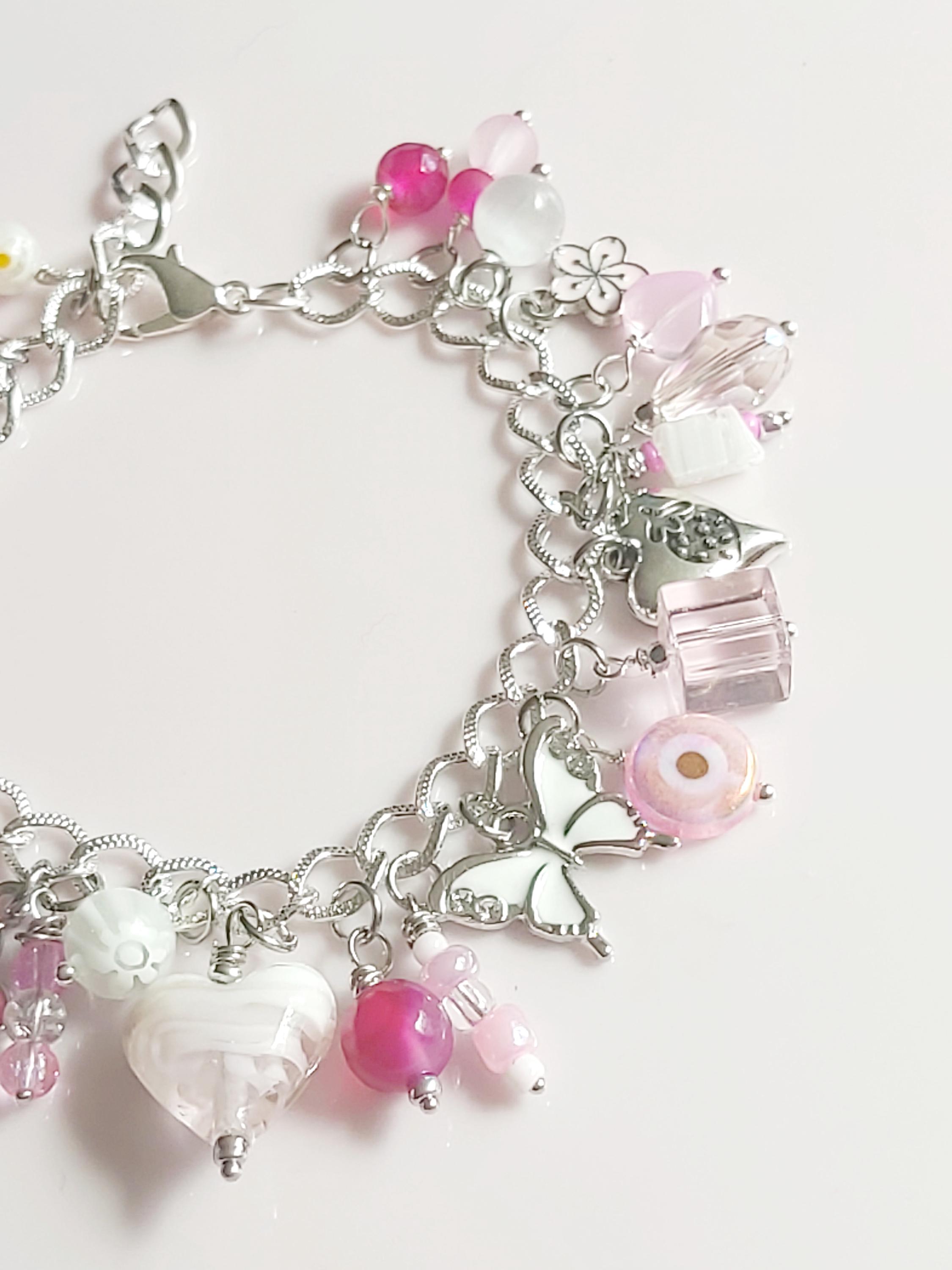 Pink Charm Bracelet. Lampwork Bead Heart & Flower Silver Pink Charm Bracelet. Lampwork Bead Heart & Flower Silver