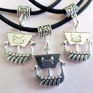 Viking Ship Pendant: Antique Silver Boat Charm, Faux Suede Necklace