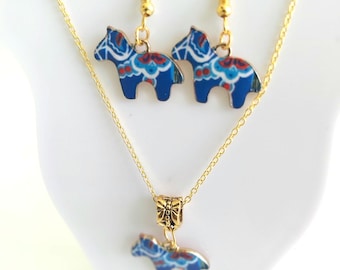Joyería del caballo Dala: Dala Hästar tradicional sueca. Dalarna. Collar, Pendientes. Regalo nórdico navideño.
