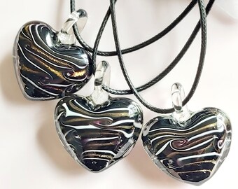 Lampwork Glass Heart Pendant: Black & Gold Swirl Necklace