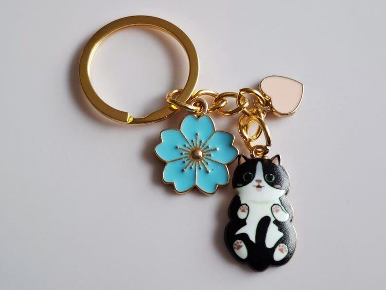 Tuxedo Cat Keyring. Black & White Kitty Keychain. Dangly Cat Bag Charm with Sakura