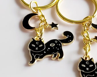 Mystic Mog Little Black Cat Keychain: Gold Tone Moon & Star Keyring. Mystical Bag Charm.