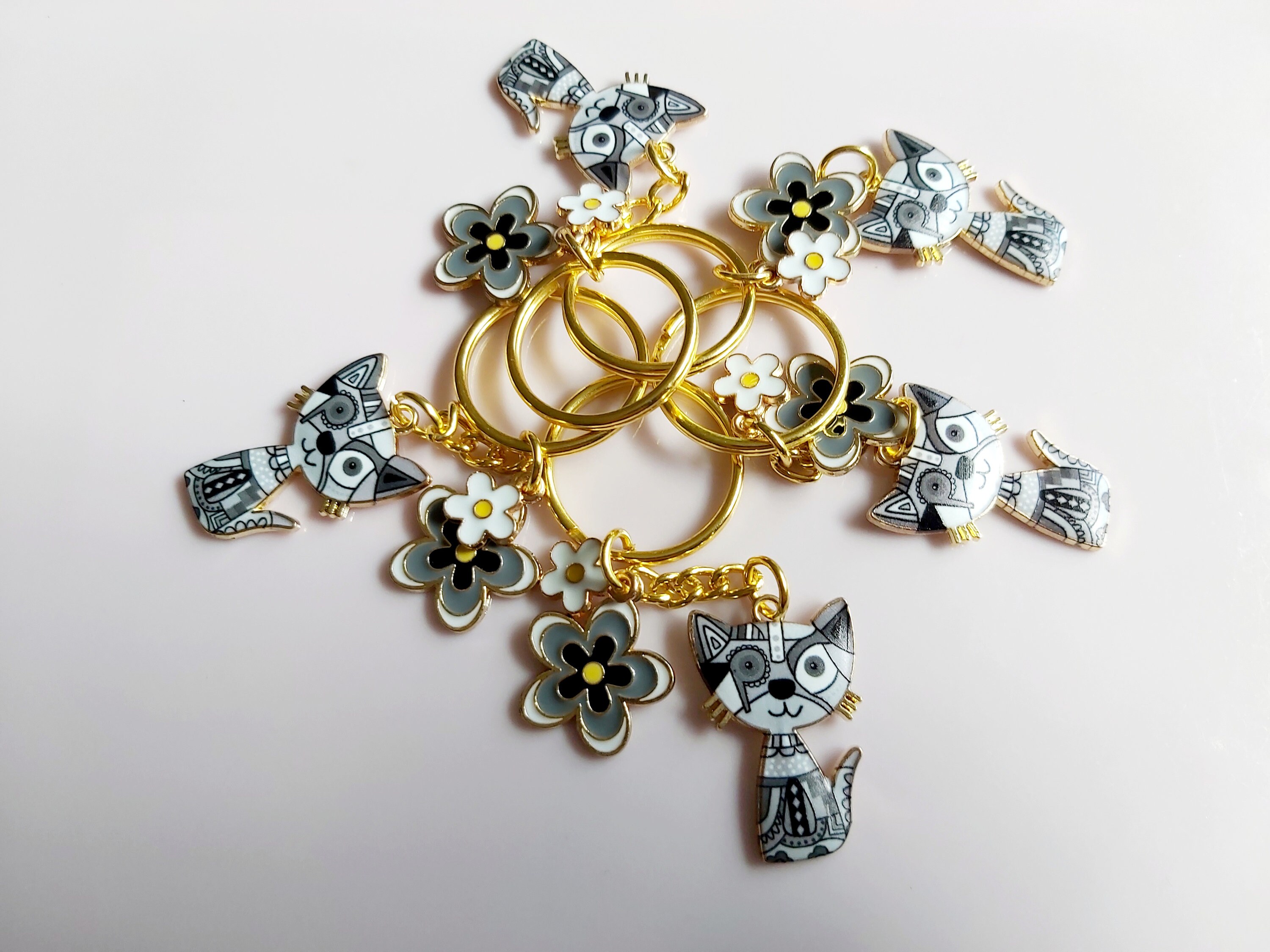 Flower Power Cat Keyring. Black White Grey Feline Floral