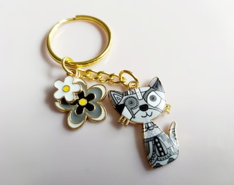 Daisy Cat Keyring: Steampunk Feline Keychain in Gold Tone
