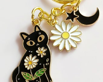 Daisy Moon Black Cat Keychain: Enamel Flower Charm, Gold Tone Bag Charm. Garden Kitten.