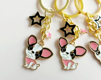 Cartoon Chihuahua Keychain: Gold Tone Puppy with Pink Jumper
