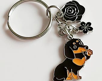 Dachshund Keyring: Cartoon Sausage Dog Keychain with Flower Charms