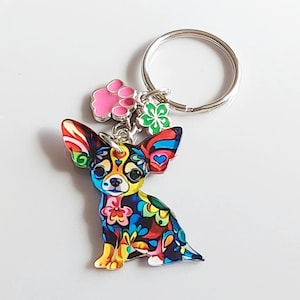 Chihuahua Keyring, 2D Psychedelic, Colourful, Flower Power Puppy Dog, Silver Tone Keychain, Bag Charm