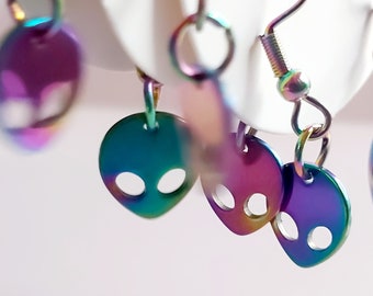 Iridescent Alien Face Earrings: Rainbow Electroplated Steel Charms