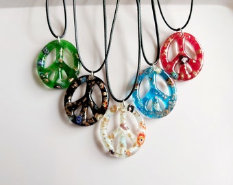 Large peace sign pendant. Handmade gold sand lampwork glass charm. Glittering statement pendant on 24 inch (60cm) black waxed cord.