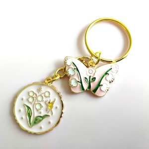 Lily of the Valley Butterfly Keyring: Pink White Charms, May Birthday. Finland’s National Flower.
