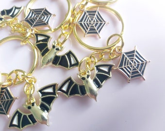 Enamel Bat & Spiderweb Keychain: Gold Tone Halloween novelty keyring