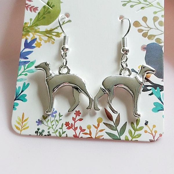 Greyhound earrings. Silver tone dog dangly earrings. Whippet canine gift for dog lovers. Stainless steel earwires. Hound novelty present.