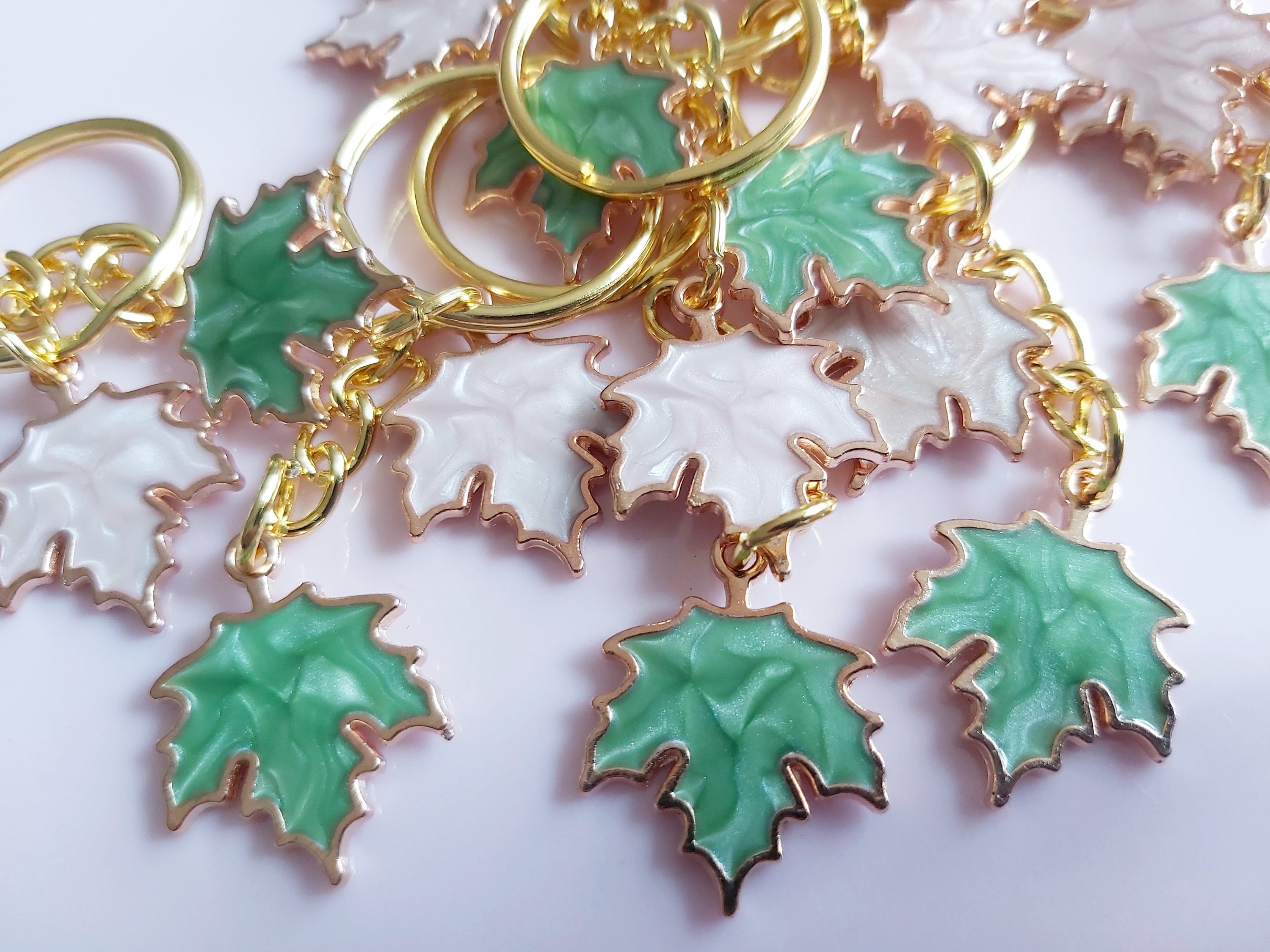 Enamel Maple Leaf Keychain: Green & Pink Canadian Keyring