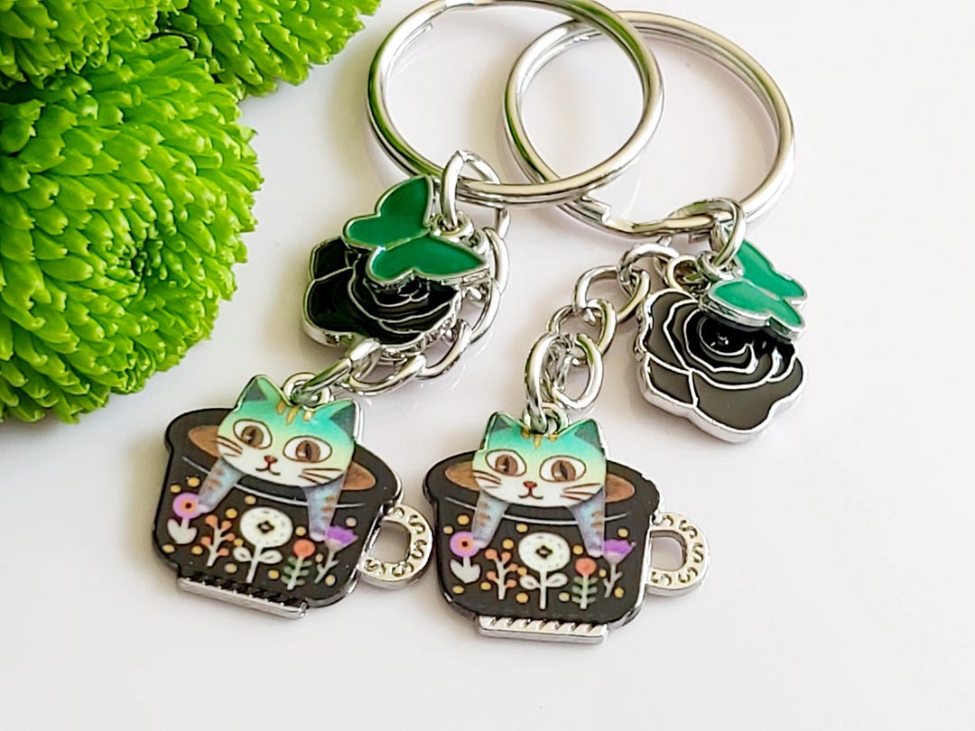 Kitsch Matcha Latte Coffee Flower Cat Keychain: Floral Cup Key Chain or ...
