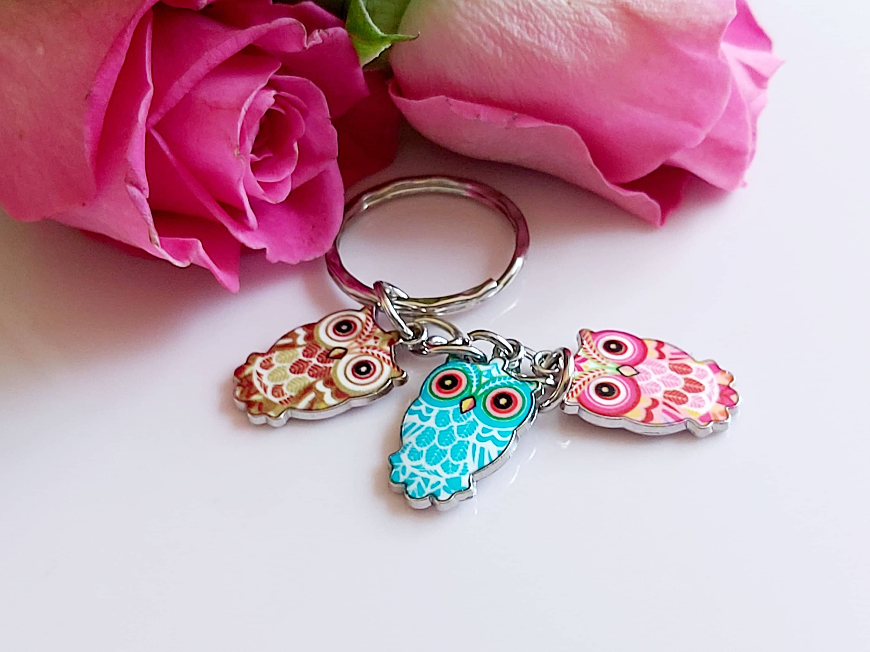 Owl Keyring: Brown, Blue & Pink Woodland Bird Charms