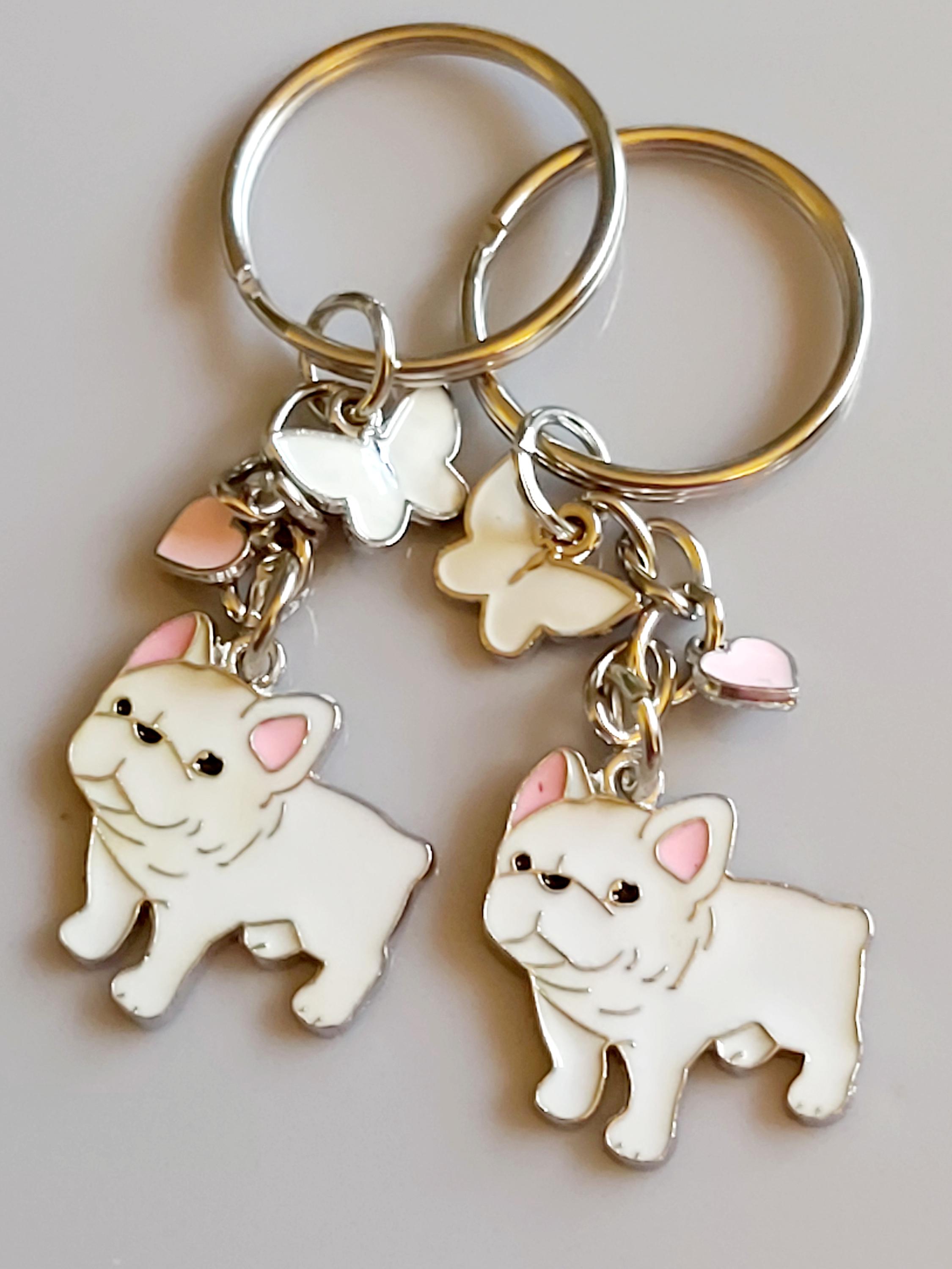 White French Bulldog Keyring: Frenchie Keychain. Silver Tone Puppy