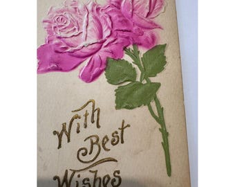 Vintage "With Best Wishes" Postkarte mit rosa Rosen und geprägter Rose, um 1910