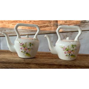 May include: A pair of white ceramic teapot-shaped salt and pepper shakers. Each has a curved handle, a spout, and a lid. The shakers are decorated with pink and green floral designs. They are displayed on a wooden surface.
