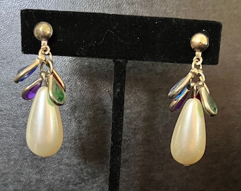 Vintage Faux Pearl w Faux Multicolored Stones Drop Earrings for Pierced Ears