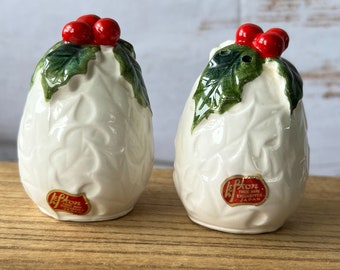 VTG Lefton White Holly & Berry Christmas Salt and Pepper Shakers marcados 1909