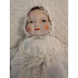 VTG Porcelain Doll with Blue Eyes and Rosy Cheeks in Beautiful Christening Gown