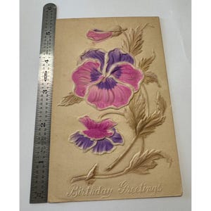 Antique &quot;Birthday Greetings&quot; Postcard - Pink & Purple Pansy - Circa 1910s