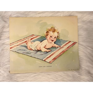 Vintage Florence Kroger Art Print. &quot;Happy and Carefree&quot; Baby on Blanket. Never Framed