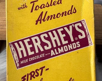 Vintage jaren 50 Hersheys met amandelen, lege displaydoos geel en bruin