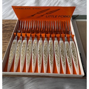 Vintage Stainless Steel Little Forks Set Of 12 With Ornate Handles In Original Box