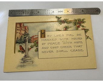 Antique Christmas Postcard- Sundial, Cardinal, Holly, Snow - 1920s