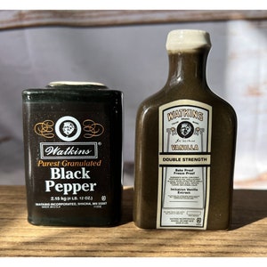 VTG Watkins Advertising Ceramic Salt and Pepper Shakers Vanilla and Black Pepper