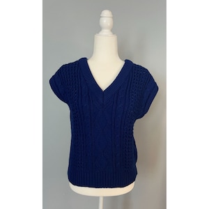 Vintage EVIAN Women&#39;s Small Short Sleeve, V-neck blue sweater