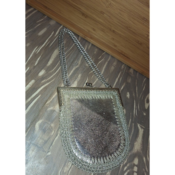 Vintage 60s Silver Crochet Ladies Evening Bag Heu… - image 3