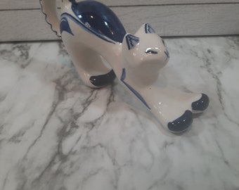 Gzhel' USSR Blue and White Stretching Cat Figurine Vintage