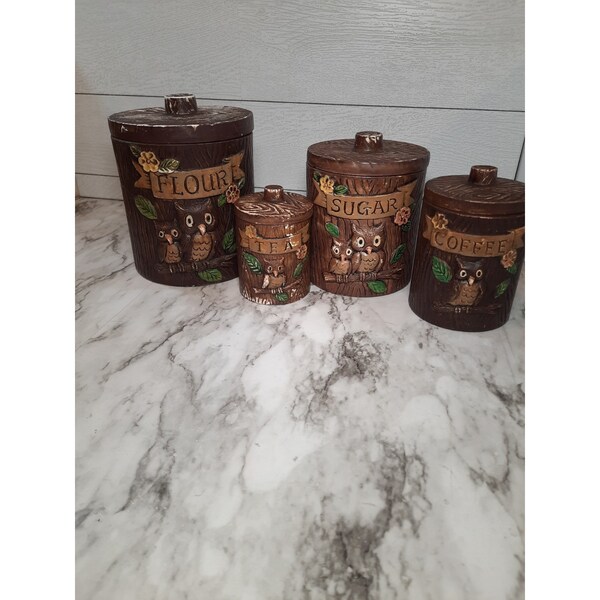 Vintage Owl Canister Set of 4 Brown Ceramic Tree/Wood Grain