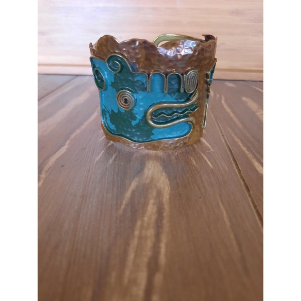 Vintage Casa Maya Crocodile Wide Cuff Bracelet Mexico Enamel Copper