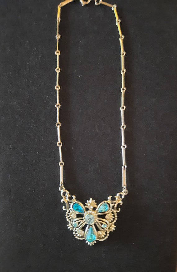 Vintage Costume Necklace Blue and Clear Rhinestone