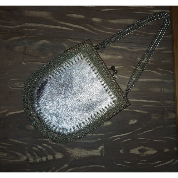 Vintage 60s Silver Crochet Ladies Evening Bag Heu… - image 5