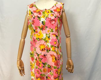 Vintage 60s Komar Pink Bold Floral Mod Sleeveless A-Line Zip Front Sun Dress Size M/L
