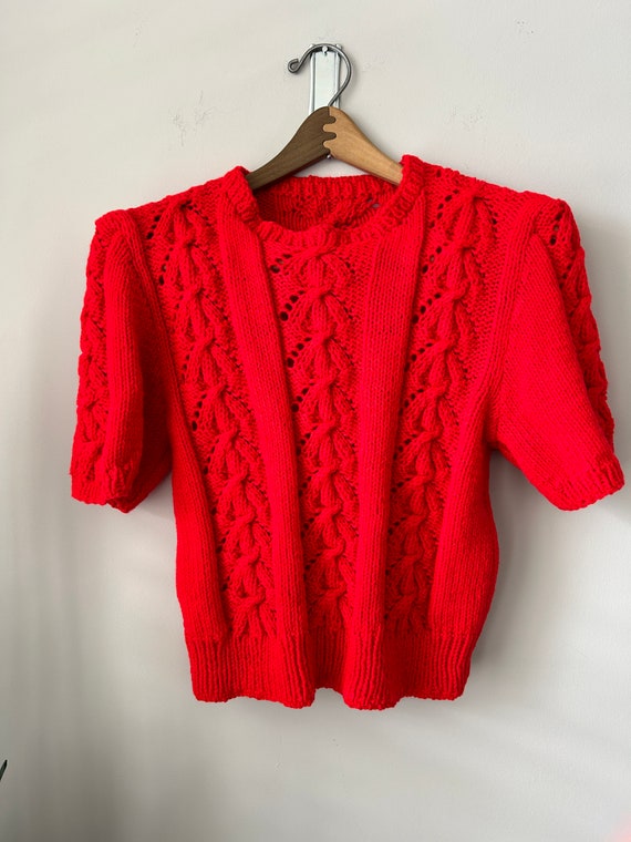 Handmade Red Chunky Cable Knit Short Sleeve Sweate