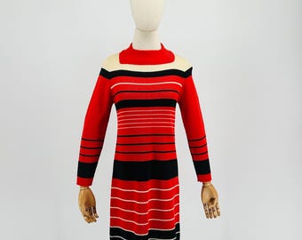 Vintage 60s Sears Fashions Orange Black Long Sleeve Mini Knit Sweater Dress Size S