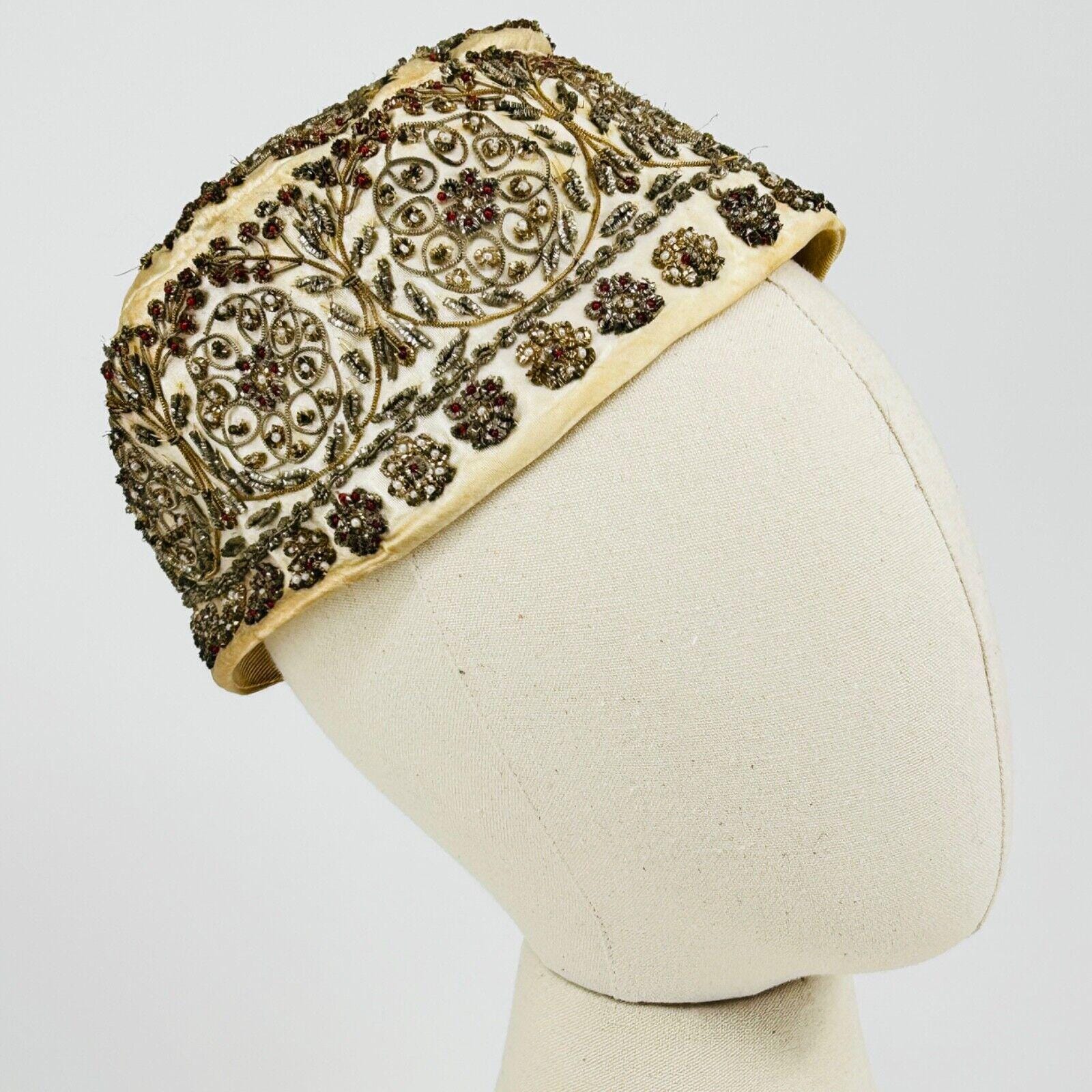 50s Dayne Ivory Satin Silver Red Fully Beaded Pill Box Hat