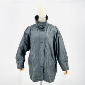 Vintage 70s 80s Grey Heigh Neck Genuine Leather Oversized Long Bomber Jacket