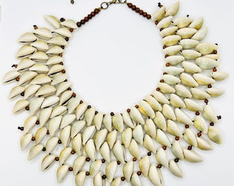 Huge Ethnic Tribal Cowrie Shell White Cream Bib Choker Statement Necklace
