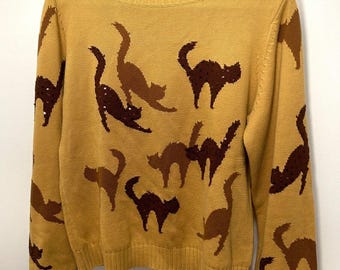 Michael Simon Camel Crew Neck Sweater Cat Motif with Sequin Detail