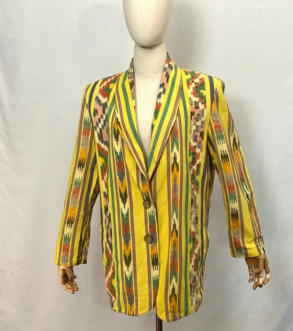 Vintage 90s Ascente Sport Yellow Ikat COTTON Oversized Blazer size L