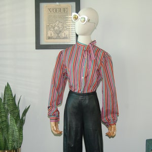 Vintage 80s Red Brown Rainbow Striped Pussybow High Neck Long Sleeve Blouse Size L