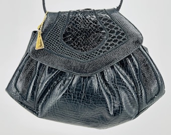 Vintage 70s 80s Bags by Sylvia Black Faux Leather + Authentic Snake Skin Purse